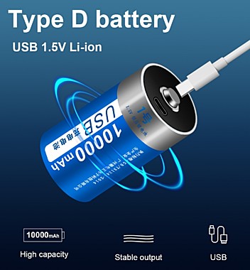 Аккумулятор LR20 1,5 V ( D), Li-Ion, 10000mAh/4000mAh, зарядка через USB Type C, с USB-кабелем